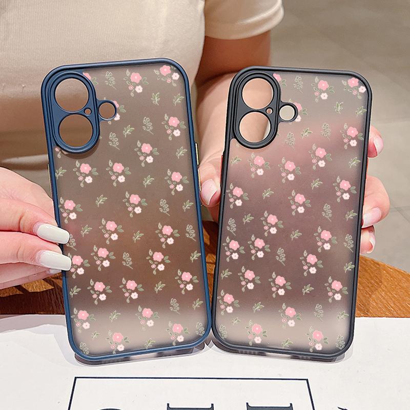 Розовый маленький цветочный узор Жесткий ПК чехол для телефона iPhone 16 15 14 13 12 Pro Max 11 Противоударный мягкий край Прозрачный тонкий матовый чехол Чехол