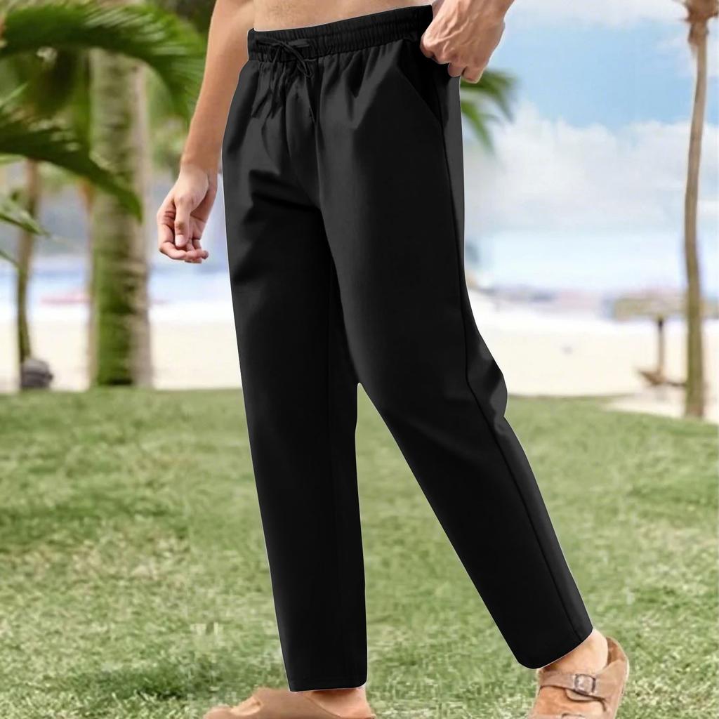 Льняные повседневные брюки мужские с эластичной талией и завязками на шнурке летние брюки для йоги и пляжа