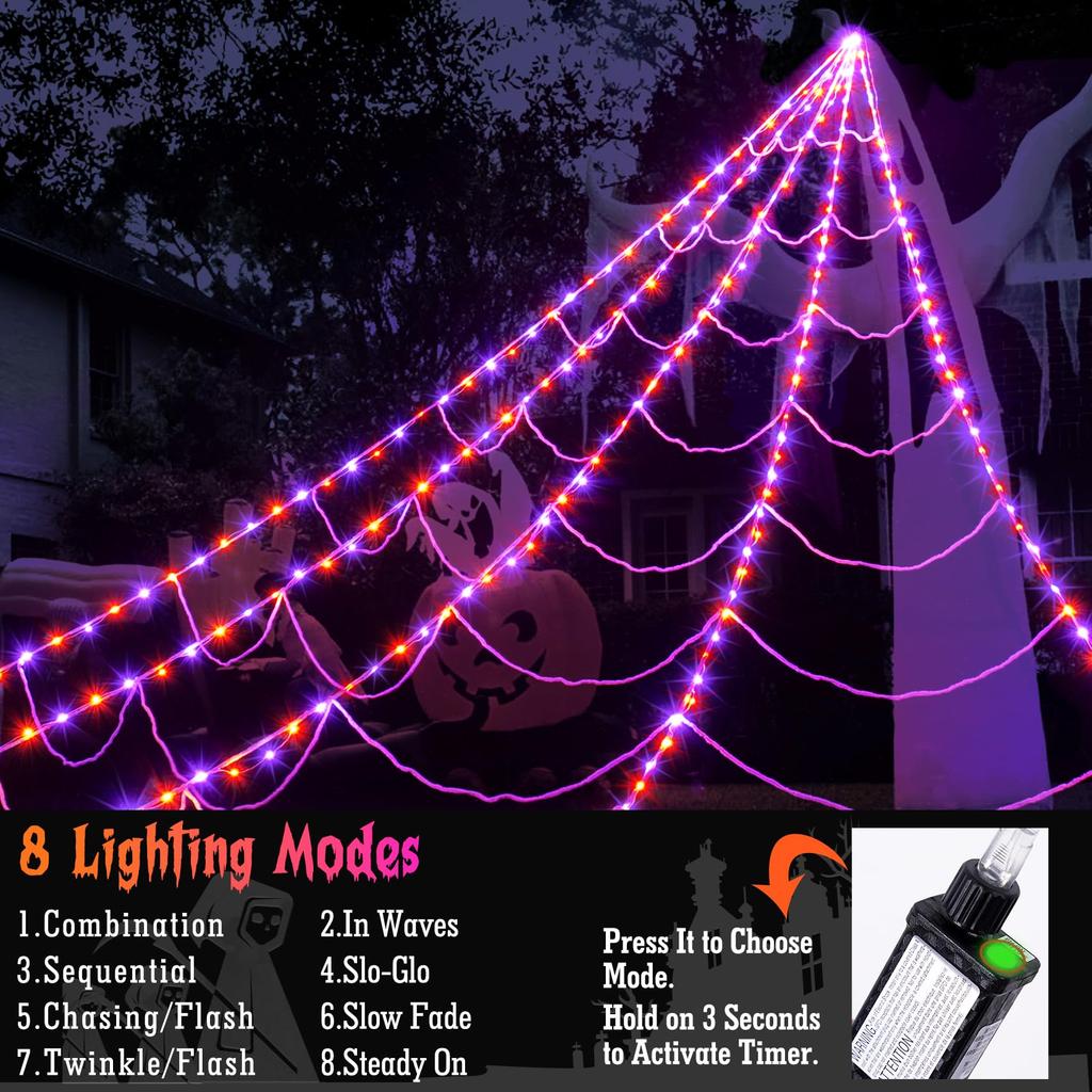 Halloween Spider Web Lights 16.4FT 250 LED Purple & Orange Multicolor 8 Modes Timer IP65 Waterproof Outdoor Indoor Yard Decor with 5 Stakes