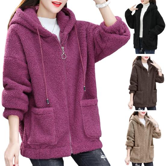 Женская куртка шерпа на молнии, пушистая флисовая куртка оверсайз, теплая куртка с капюшоном, зимняя осенняя повседневная верхняя одежда с карманами