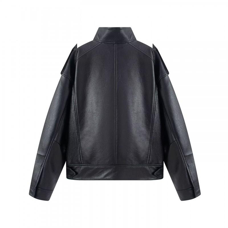 Womens Oversized PU Leather Bomber Jacket 2026 Streetwear Loose Fit Black