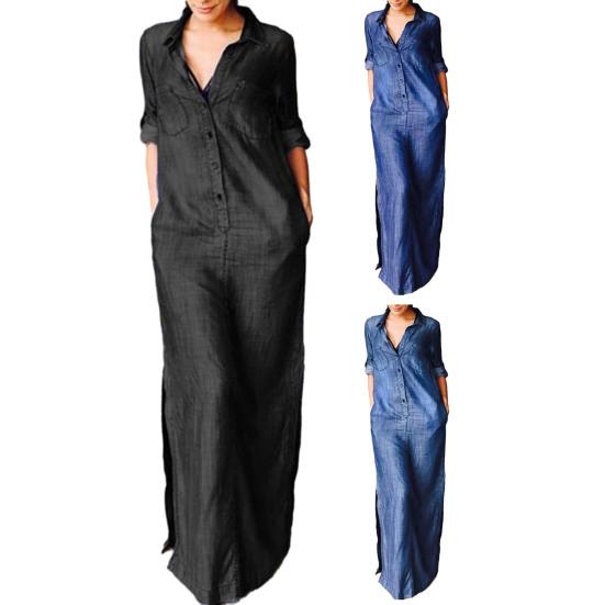 Осень-весна женское платье однотонное свободное джинсовое платье с отложным воротником с длинным рукавом до щиколотки и пуговицами с разрезом подол плюс размер богемное повседневное платье макси