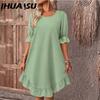 Женские модные летние весенние однотонные повседневные платья с v-образным вырезом и короткими рукавами и высокой талией