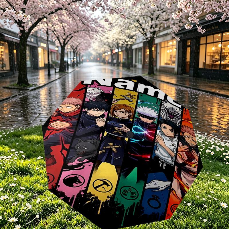 Custom Name Personalized Jujutsu Kaisen Print Umbrella, Auto Open Close, 8‑Rib Sturdy Frame, Commute Camping Hiking Use, Birthday Gift