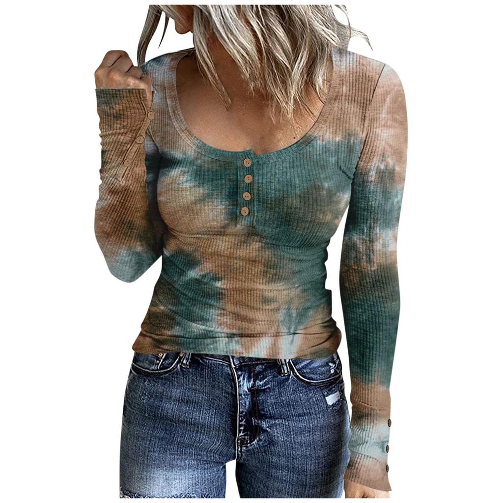 Women's T-shirt Fashion Casual Printed U Collar Button Long Sleeve Top