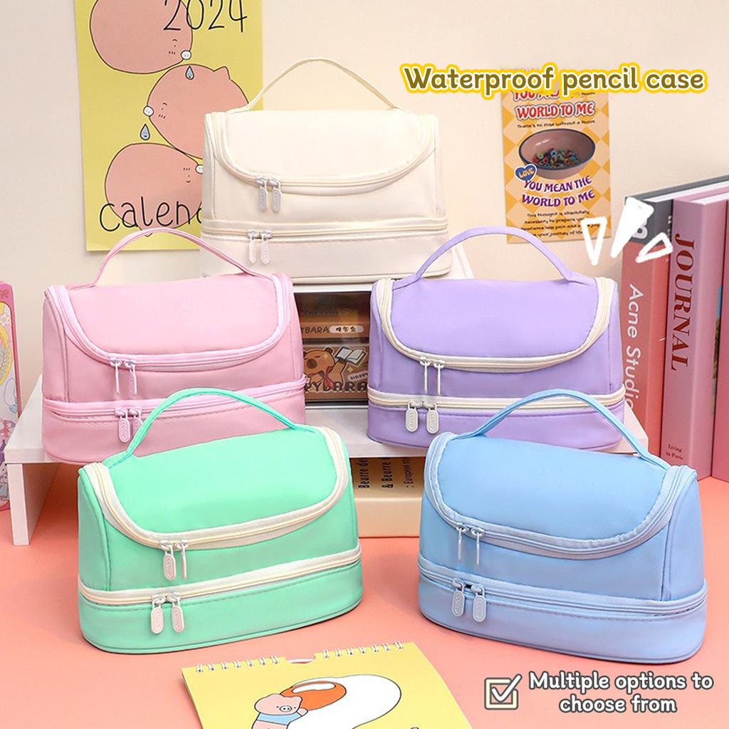 Macaron Color Large-capacity Pencil Bag Memory Waterproof Cloth Portable Pen Box Simple Cosmetic Bag Storage Bag Stationery Box