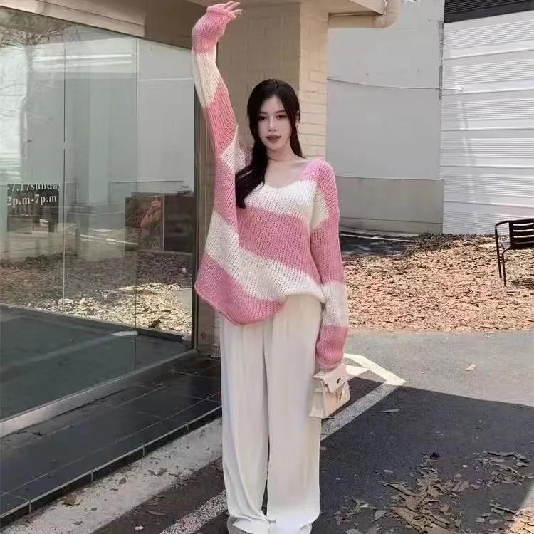 Мужские топы, Свободный трикотаж, Западный стиль, Ленивый стиль, Весенне-осенние тонкие полосатые свитера, Женское лето