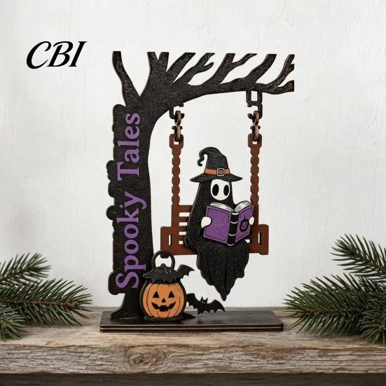 Creative Spooky Desktop Decorations Halloween Swing Tree Decor, Vintage Wooden Tabletop Centerpiece with Bat Spider Web Pumpkin Durable Holiday Crafts