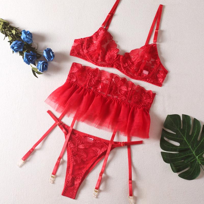 Комплект женского сексуального нижнего белья Пуш-ап На бретелях Вышитая сетка Прозрачный комплект нижнего белья Прозрачные трусики Бюстгальтер 3 предмета Ланжери