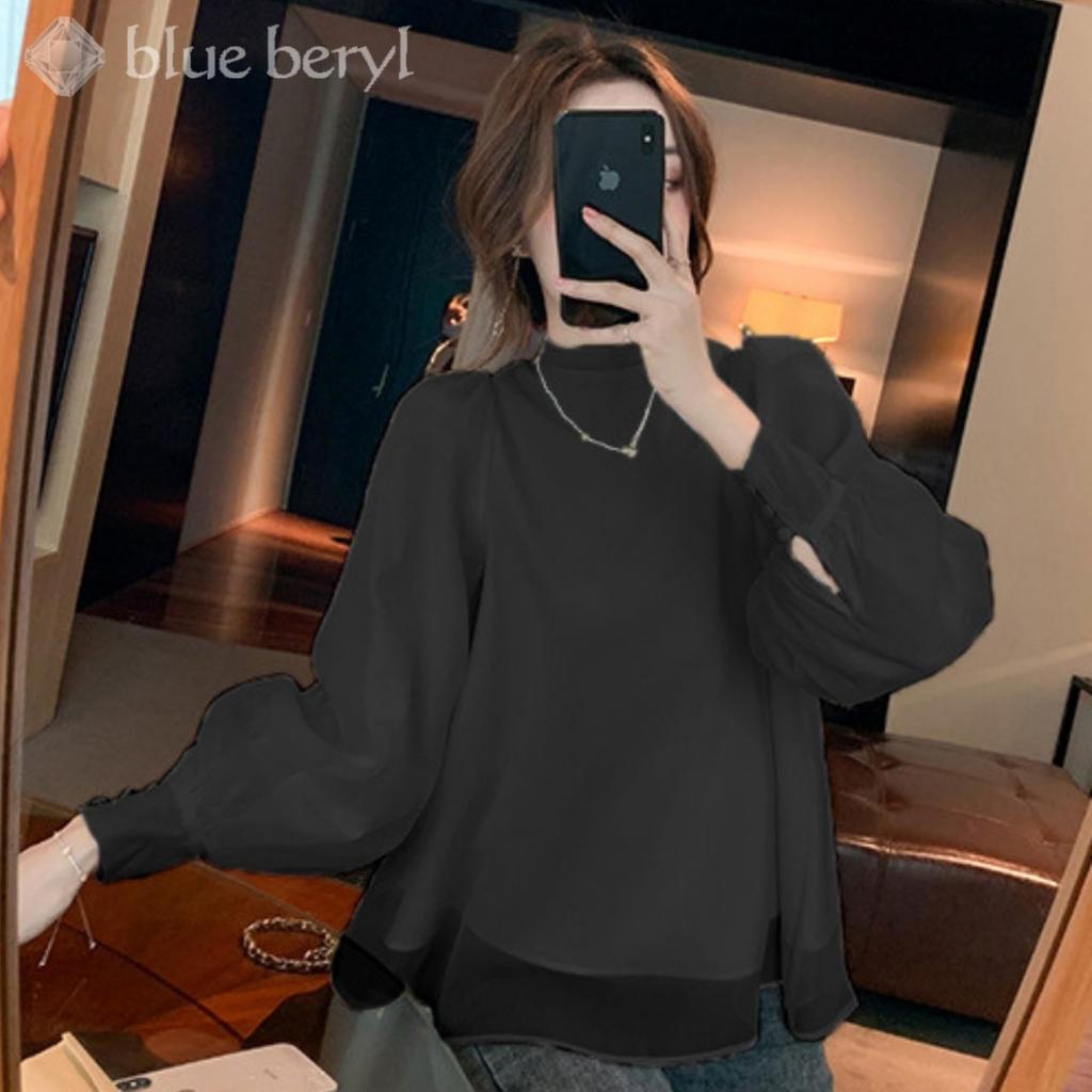 Блузка из шифона цвета голубого берилла с пышной кокеткой на спине и черной женской лентой, рукавами, воротником-стойкой, пуговицами, манжетами, (BB025-BK-S)