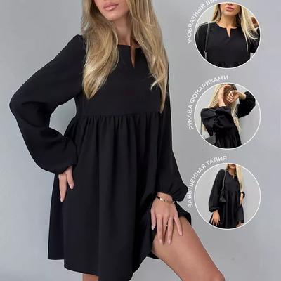 Женские весенне-летние модные повседневные однотонные свободные платья с V-образным вырезом и длинными рукавами