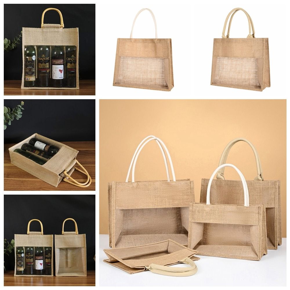 Джутовый подарочный пакет с прозрачным окошком, сумка-тоут для переноски вина, для свадебного торжества