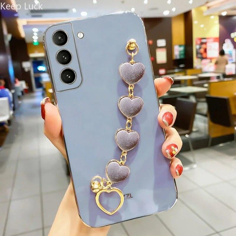 Плюшевый чехол-браслет с сердечком для Samsung Galaxy S23 S22 S21 S20 FE S10 S9 S8 Plus Ultra Note20 10, силиконовый чехол с цепным покрытием