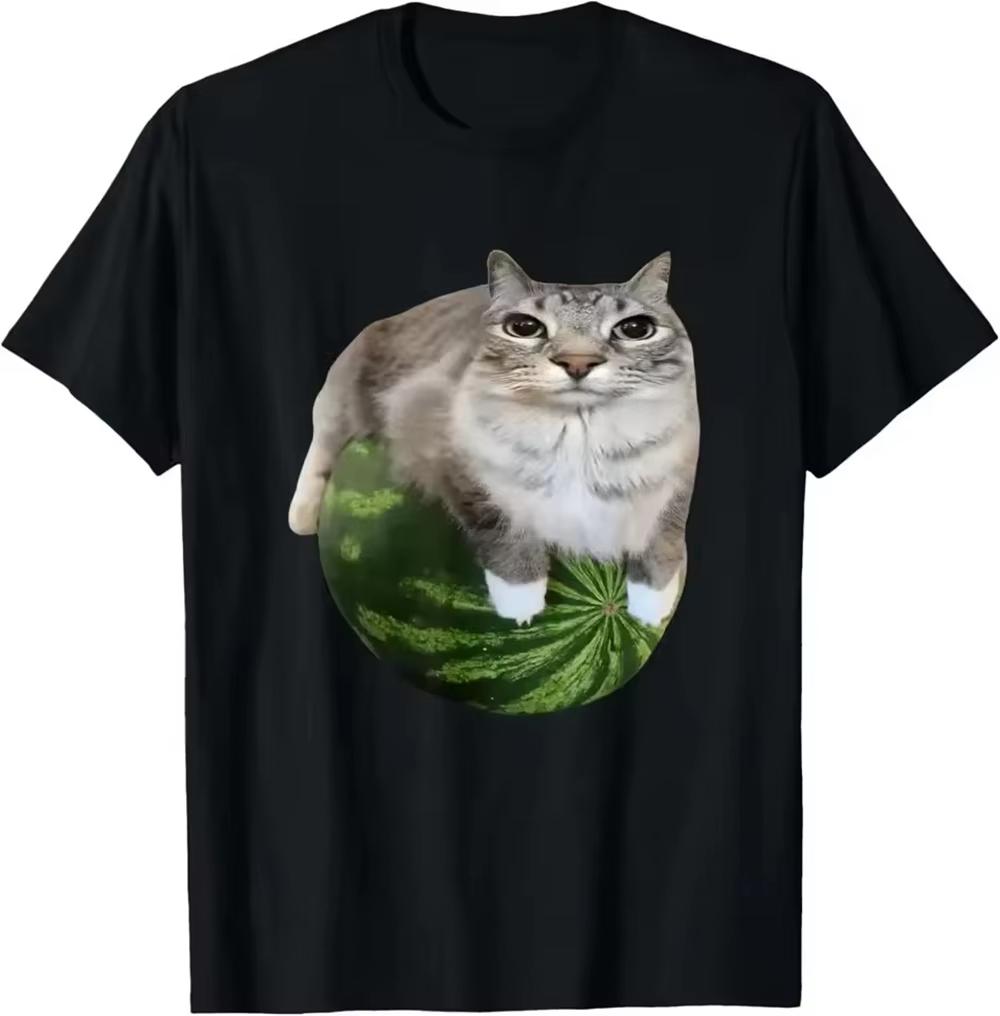 2025 Watermelon Cat Meme T-Shirt Men Women Cotton Clothing Short Sleeve Round Neck Printing T-Shirt  Autumn and Winter Innerwear