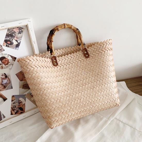 Пляжная сумка с деревянной ручкой. Изысканный многофункциональный плетеный вручную ротанг, большой соломенный дорожный аксессуар, ежедневное хранение.