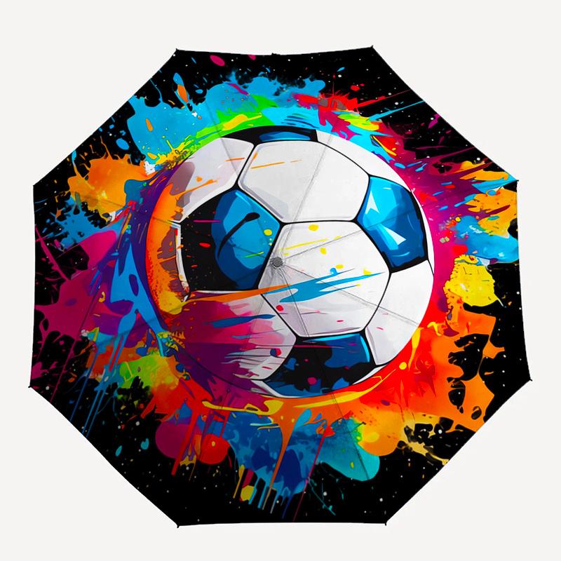 Soccer Ball Artwork Automatic folding umbrella simple eight rib design, bright color pattern, durable iron frame, ideal for travel and outd