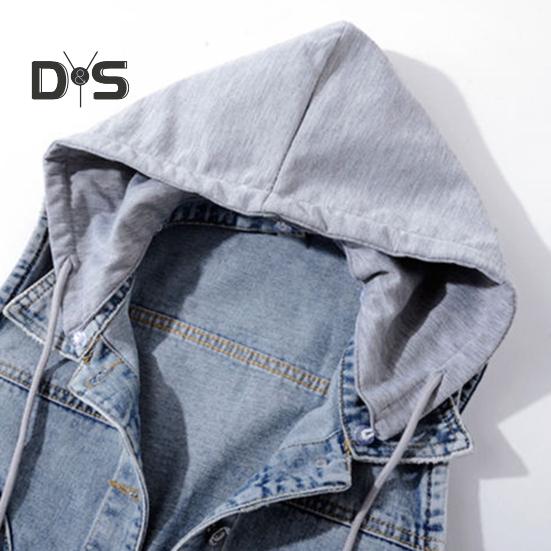 Осень-весна Женское джинсовое пальто однобортное безрукавное с капюшоном и карманами Свободная куртка с завязками на шнурке Короткий жилет для повседневной носки