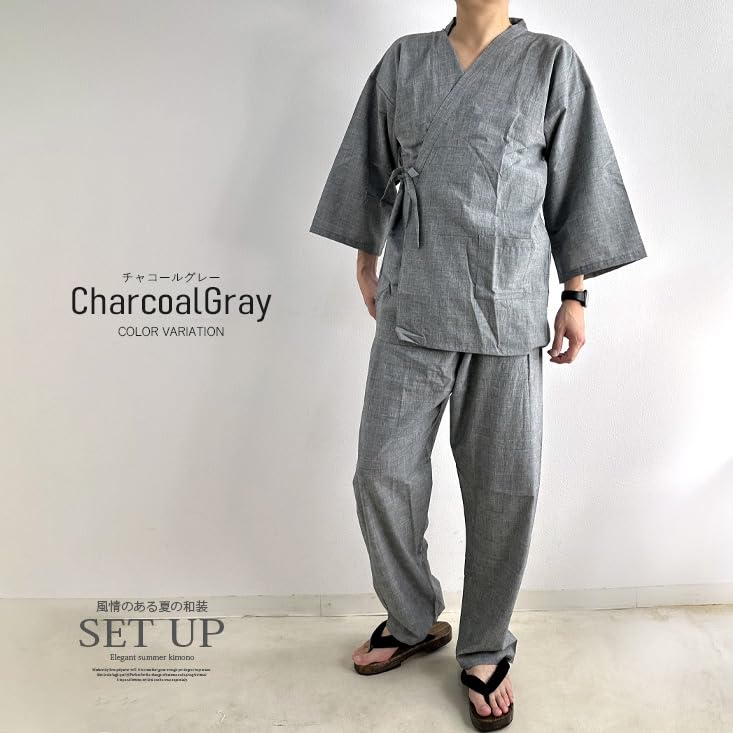 Джинбей для клетчатого крутого верха и низа, угольно-серый [Аркада] Мужской, Самуэ, 100% хлопок, С рисунком, Материал, Лето, Тонкий, Домашняя одежда, Пижама, Джинбей,