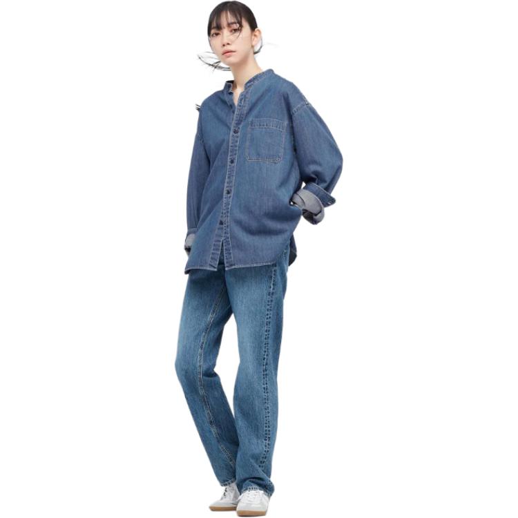 Uniqlo SS22 Свободная джинсовая рубашка с длинным рукавом Унисекс рубашки Светло-голубой 444639-64
