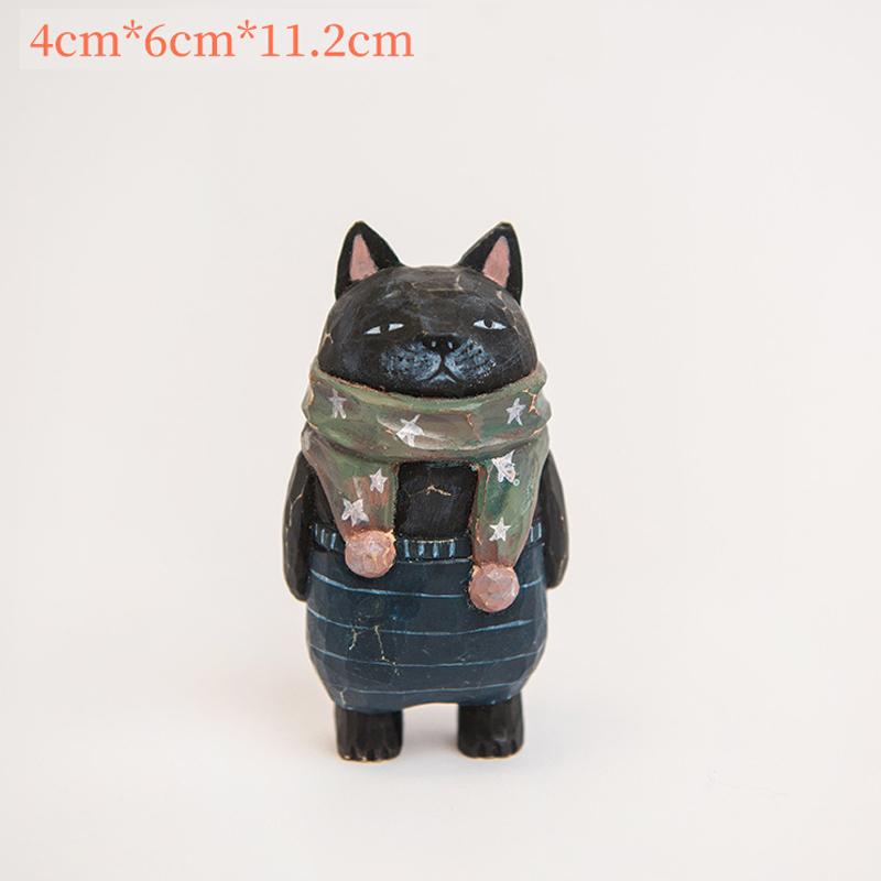 Handmade Cute Cat Wood Carving Ornaments,Painted Wooden Cat Figurines,Wood Cute Cat Desktop Decoration,Lucky Cat Sculpture