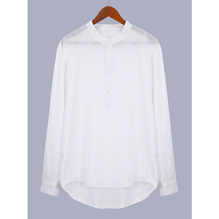 Men Henry Shirt Men's Casual Thin Cotton Linen Shirt White Black Khaki Stand Up Collar Straight Solid Color Long Sleeve Top