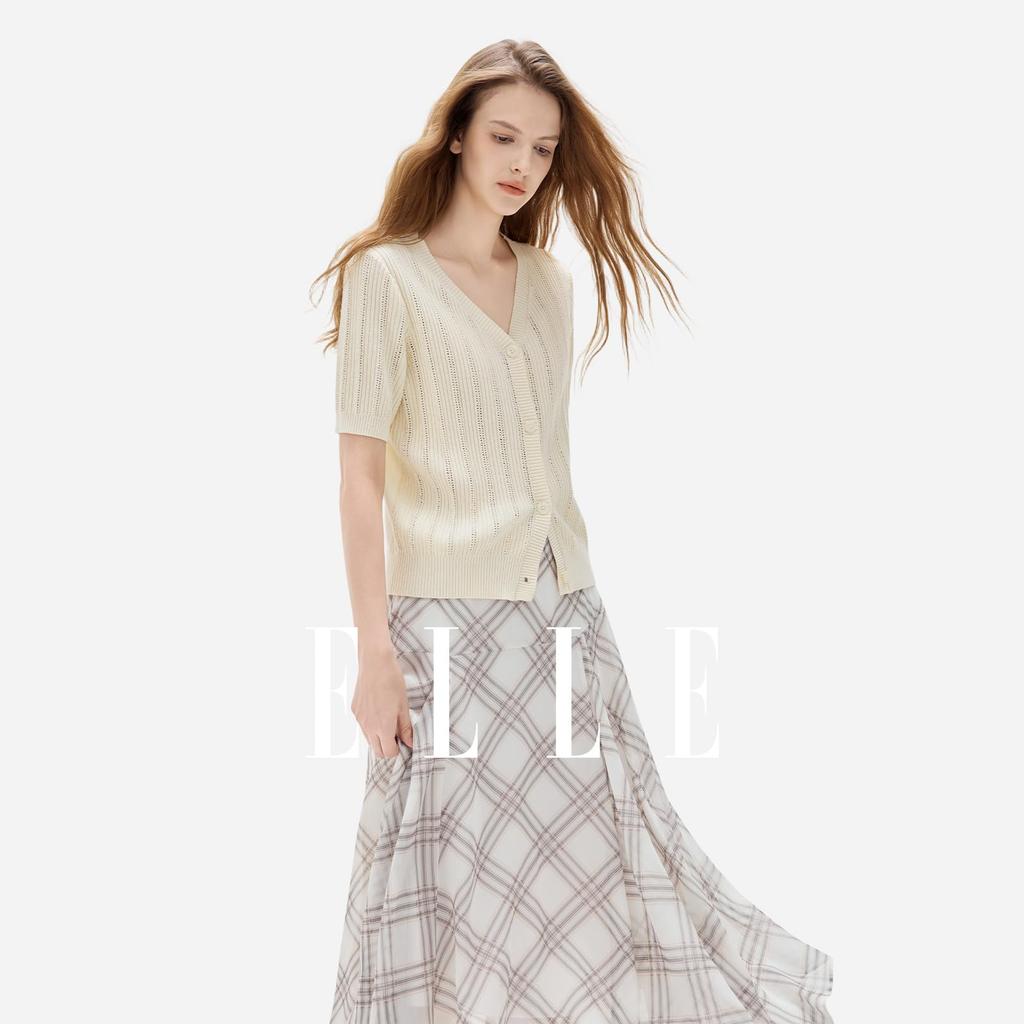 [ELLE] Женский летний кардиган Elle, вязаный, французский стиль, элегантный, с коротким рукавом, повседневный, оригинальный, стильный, для офиса, модный, EZ63772 (JP, Алфавит, М)