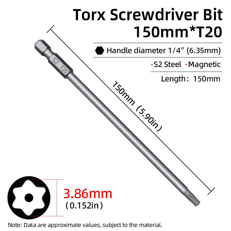 Магнитная отвертка Torx 150 мм T6-T40 1/4" шестигранный хвостовик полое отверстие сливовый цветок безопасные биты S2 сталь электрический ручной инструмент