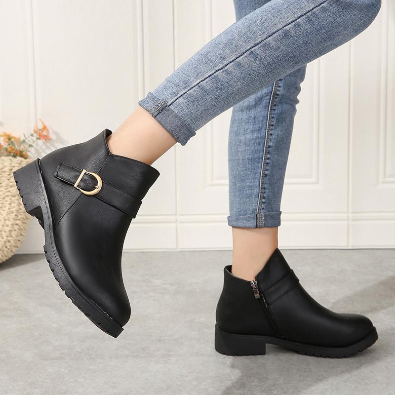 Spring and Summer Footwear Plus Size Round Head Side Zipper Thick Heel Booties Women's Shoes