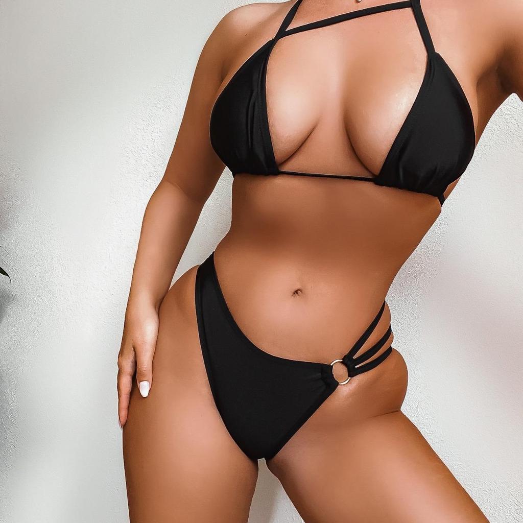 European-American Black Halter Tie-Front Cutout Bikini Swimsuit