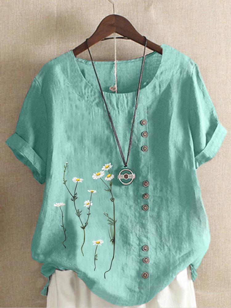 Cotton and Linen Printed T Shirt Tops Women's Summer Loose T Shirt Shirts
