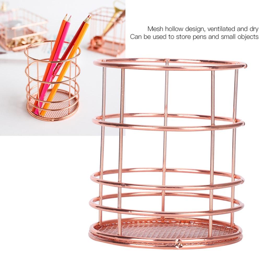 2Pcs Rose Gold Pen Holder Stainless Steel Storage Container Desktop Storage Box Makeup Organizer