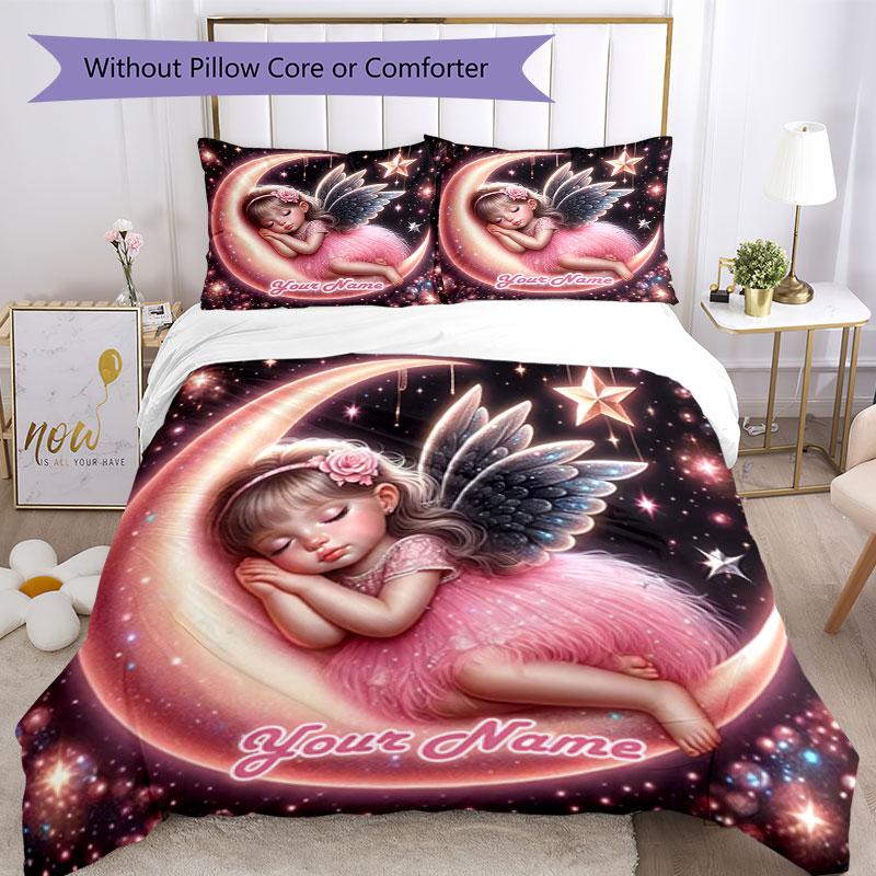 3PC Custom Name Angel Moon Bedding Set Printed Bedding Set Duvet Cover Closure Includes 1 Duvet Cover & 2 Pillowcases for All Seasons Bedroom