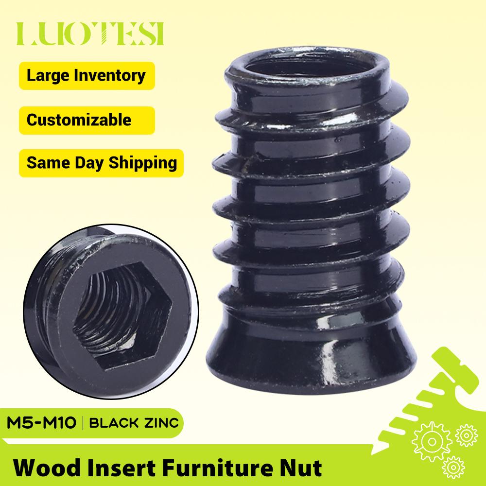 Hex Drive Insert Furniture Nuts Blak Zinc Plated Steel M5 M6 M8 M10 Woodworking Wood Insertnut for Table Desk Chair Bed Nutsert