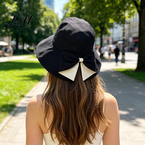 Summer Beach Hat Women Sun Hat Back Bowknot Fisherman Wide Brim UV Protection Lightweight Bucket for Outdoor Travel Hiking Fishing Use Casual