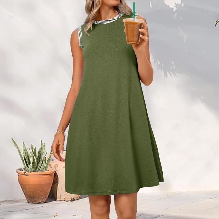 YYFS Женская мода лето весна однотонный принт без рукавов О-образный вырез свободная талия повседневные платья