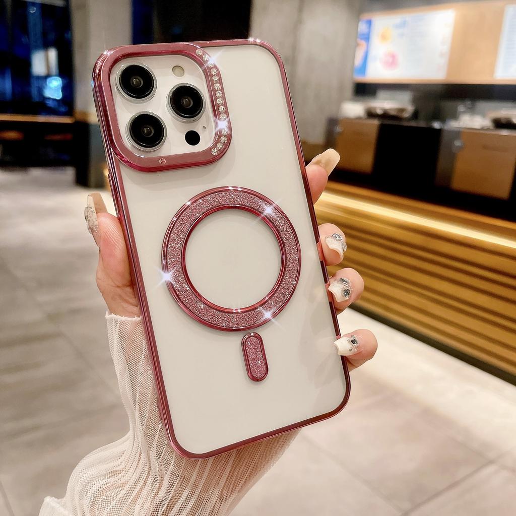 Подходит для IPhone16Pro Гальванизированный Водяной Бриллиант Чехол для Телефона, Apple 15 Инкрустированный Бриллиантами Блестящий 14 Магнитная Зарядка Защитный Чехол