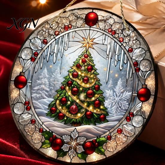 Round Stained Glass Xmas Ornaments Style Acrylic Window Hanging, Christmas Tree Snow Scene Indoor Party Decorations Suncatcher, Door Home Decor