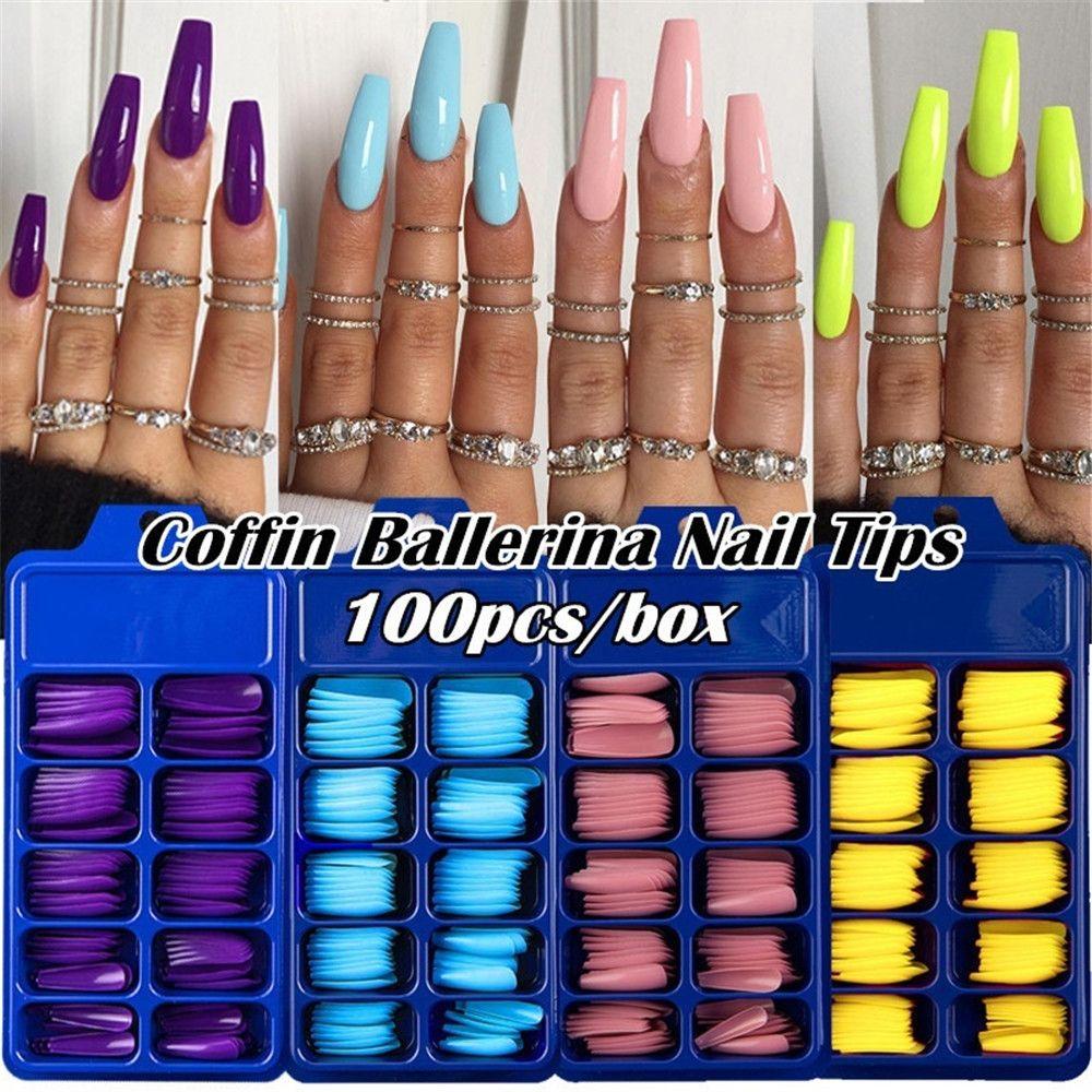 100Pcs/Set Ballerina Acrylic UV Gel False Nail Tips Manicure Coffin Fake Nails Full Cover