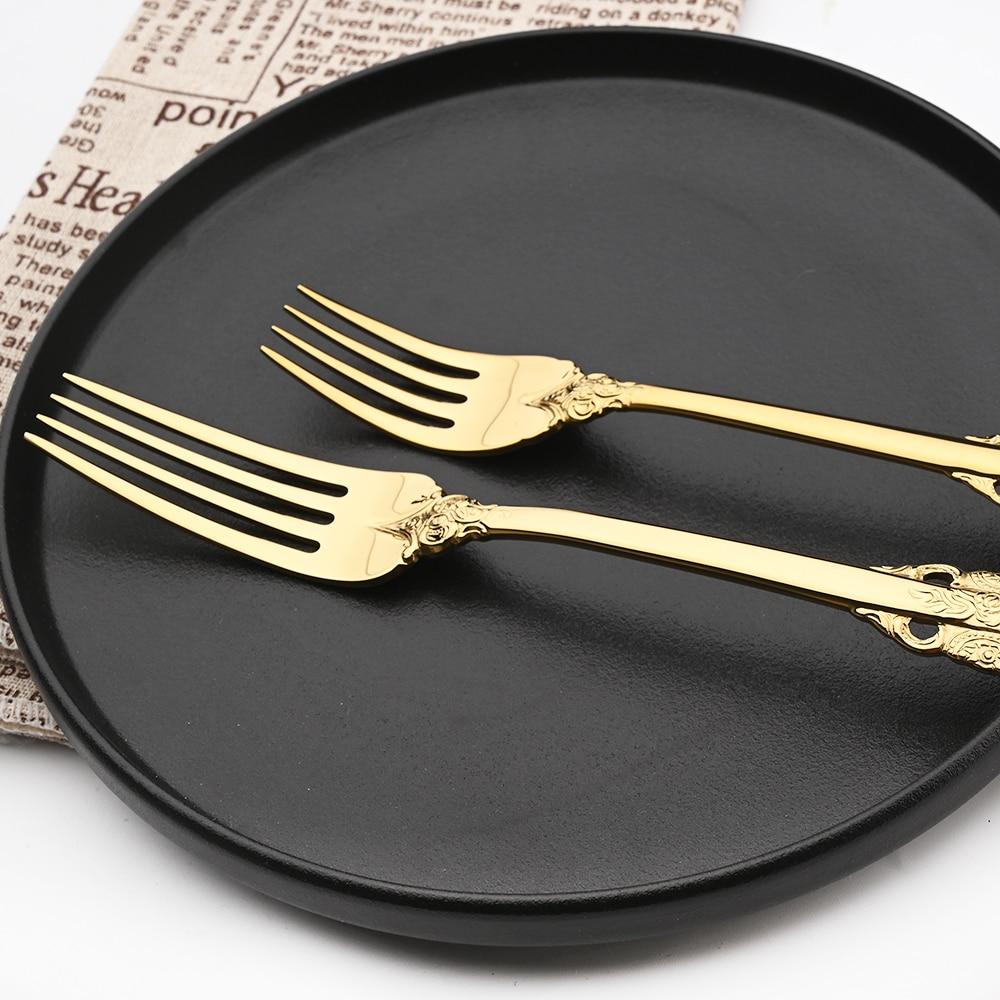 Золотой роскошный набор столовой посуды, винтажные столовые приборы в стиле вестерн, позолоченные столовые приборы из нержавеющей стали 304, набор ножей и вилок, кухонная посуда