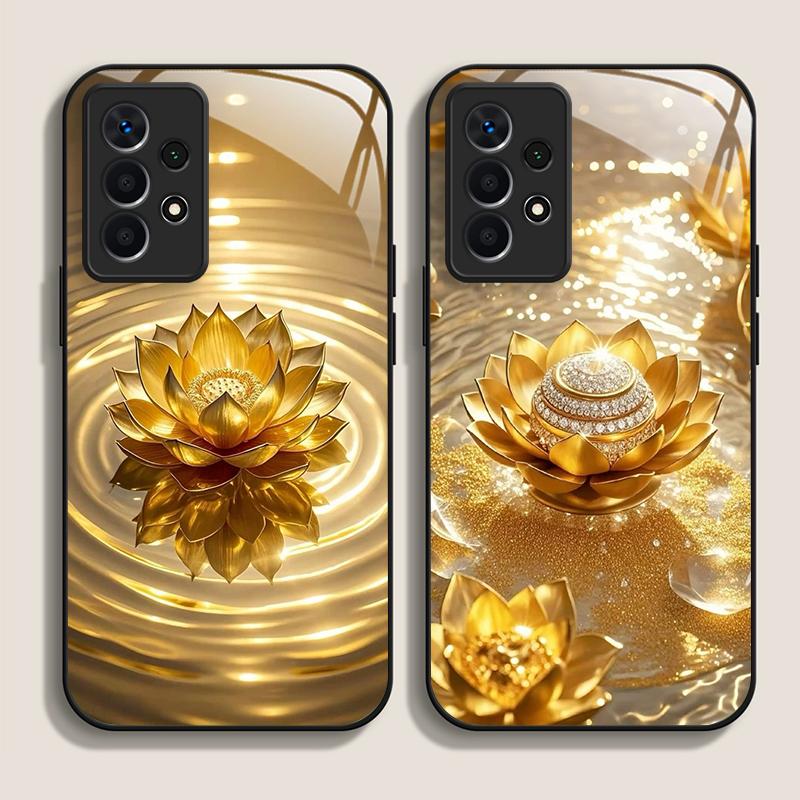 Креативный чехол из закаленного стекла с узором «Золотой цветок лотоса» для Samsung Galaxy S25 Ultra S24 S23 Plus S22 S21 S20 FE 5G