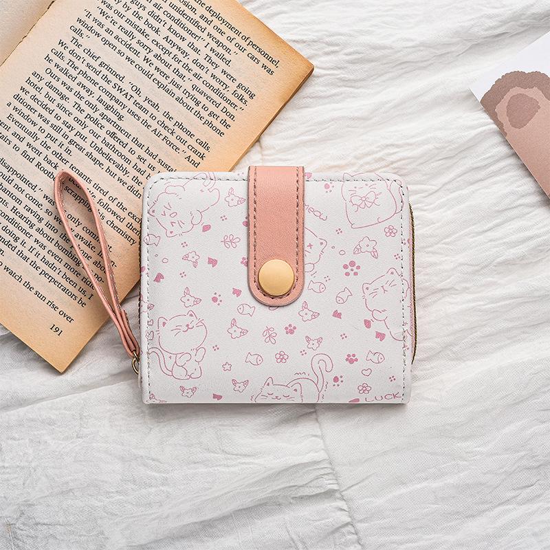 Cute Kitten Japanese Women's Snap Coin Pocket Short Wallet with Strap and Card Holder