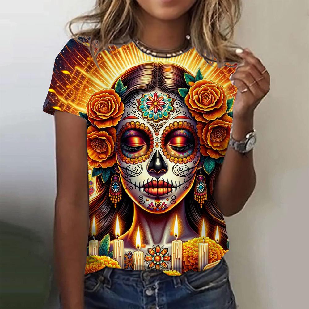 Women's T-shirt for Girls Summer Short Sleeve Casual Horror Undead Skull Pattern T-shirts