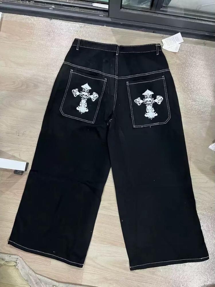 Модные мешковатые джинсы в стиле хип-хоп Y2K с готической вышивкой в стиле панк, прямые широкие джинсовые брюки