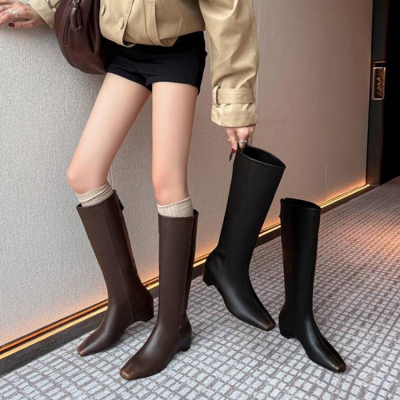 Женские кожаные ботинки на осень и зиму, однотонные, кожаные, большого размера, модные женские ботинки, универсальные, из коровьей кожи, на молнии, на среднем каблуке, с квадратным носком, высокие б