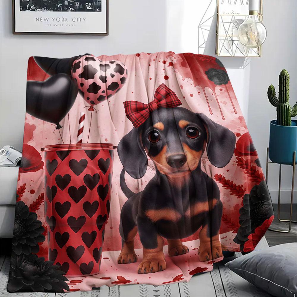1Pc Dachshund Print Flannel Blanket, High quality Comfortable for All Seasons, Home Decor, Warmth and Comfort, Perfect for Christmas Gifts