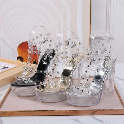 Женские летние туфли на высоком каблуке 13 см, на платформе 3,5 см, с заклепками, мюли, женские прозрачные тапочки, туфли на прозрачном каблуке