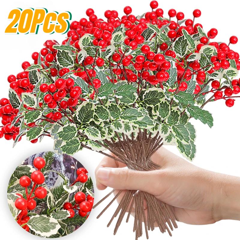 Красная ягодная ветка, рождественские искусственные листья падуба, цветок, рождественская новогодняя вечеринка, украшение для дома, упаковка, подарок, поделки своими руками