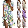 Short Sleeve Boho Dress For Women Casual Loose Fit Summer Sundress Floral Print Dress With Pockets