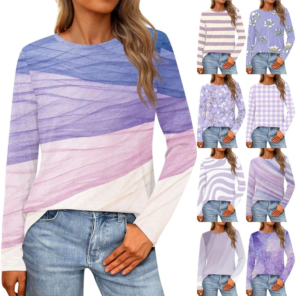 Женская свободная повседневная повседневная футболка с длинным рукавом и круглым вырезом, сплошной цвет, топ