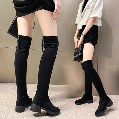 Модные женские сапоги выше колена на платформе и танкетке, осенние черные детские замшевые высокие сапоги с круглым носком и молнией сзади, женские сапоги Botas Mujer
